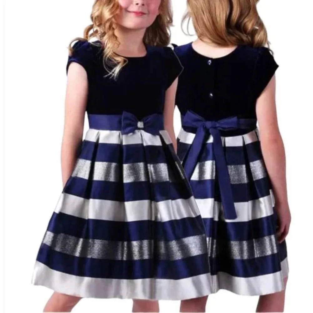 Jona Michelle Girls Special Occasion Blue Velvet Striped A Line Dress